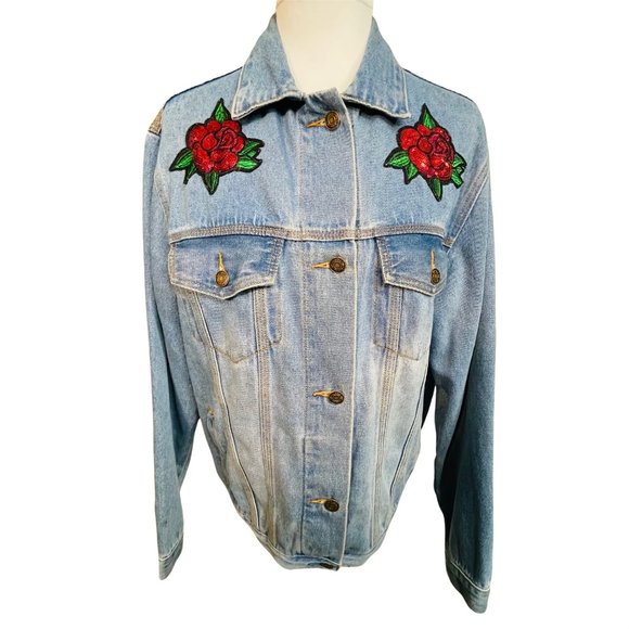 F21 Rose Sequin Blue Denim Jean Jacket Size Medium - Picture 8 of 8